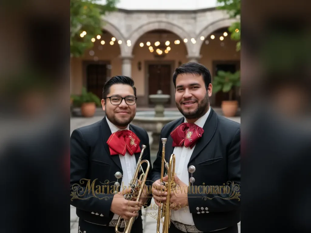Dos trompetistas de mariachi con trajes negros sosteniendo trompetas doradas